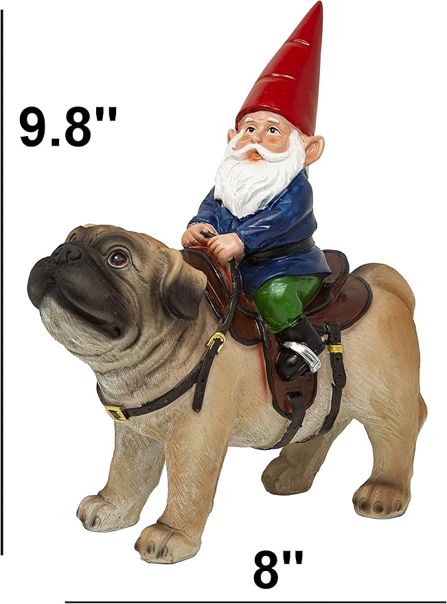 Funny Guy Mugs Garden Gnome Statue - Gnome Riding a Pug - Indoor/Outdoor Garden Gnome Sculpture for Patio, Yard or Lawn-VerdiqueGarden