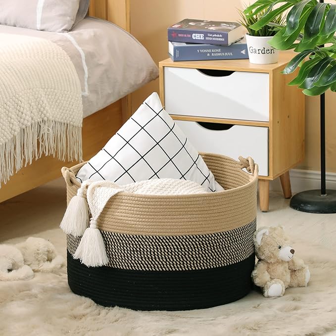 KAKAMAY Large Blanket Basket (20"x13"),Woven Rope Baskets for storage Baby Laundry Hamper, Cotton Rope Blanket Basket for Living Room, Laundry, Nursery, Pillows,Baby Toy chest (Jute/Black)-VerdiqueGarden