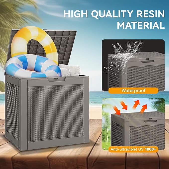 KAMABOKO 31 Gallon Outdoor Storage Box, Resin Deck Boxes Indoor and outdoor, Waterproof Storage Box Lockable Lid for Garden Tools, Package Delivery, Pool Supplies, Patio Cushions, Grey-VerdiqueGarden
