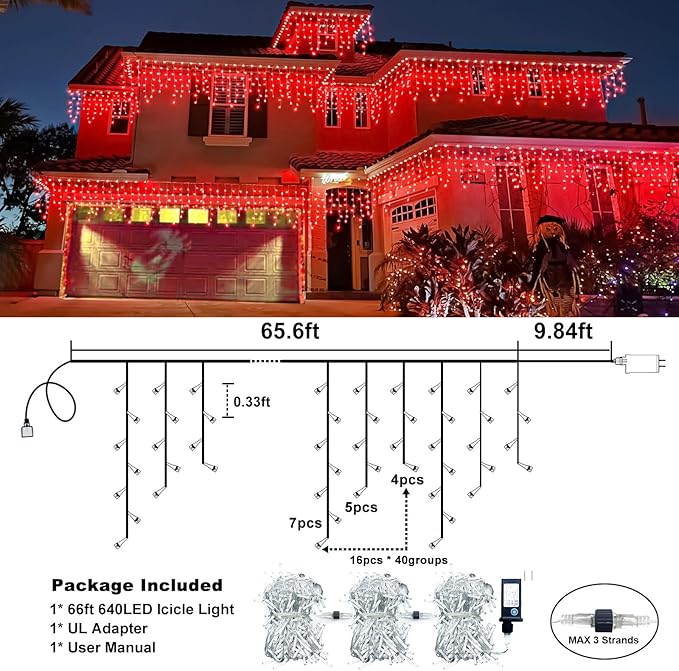 Christmas Icicle Lights Outdoor, 66Ft 640 LED Icicle Lights for Outside with 8 Modes Timers, Waterproof Plug in String Light for House Yard Eave Patio Wedding Party Holiday Decorations, Red-VerdiqueGarden