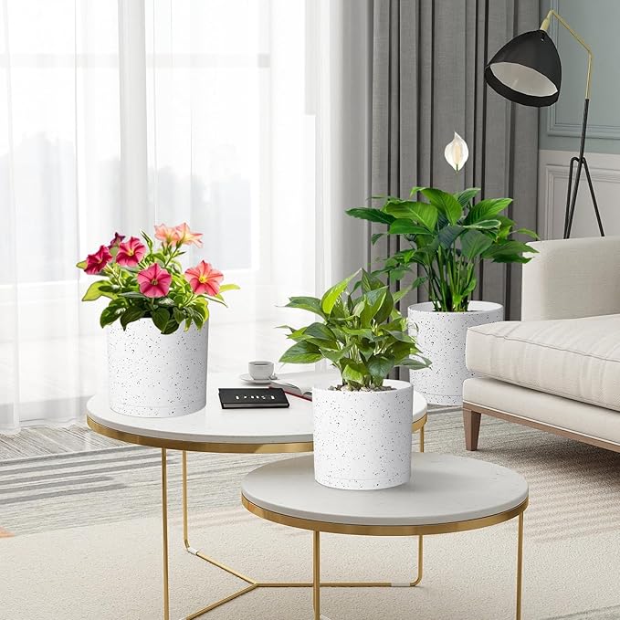 10/8/6 inch Deep Flower Pots, Cylinder Large Plant Pots for Outdoor Indoor Plants, 3 Pack Tall Plastic Planters with Drainage Holes and Saucers for Garden House Plants, Speckled White-VerdiqueGarden