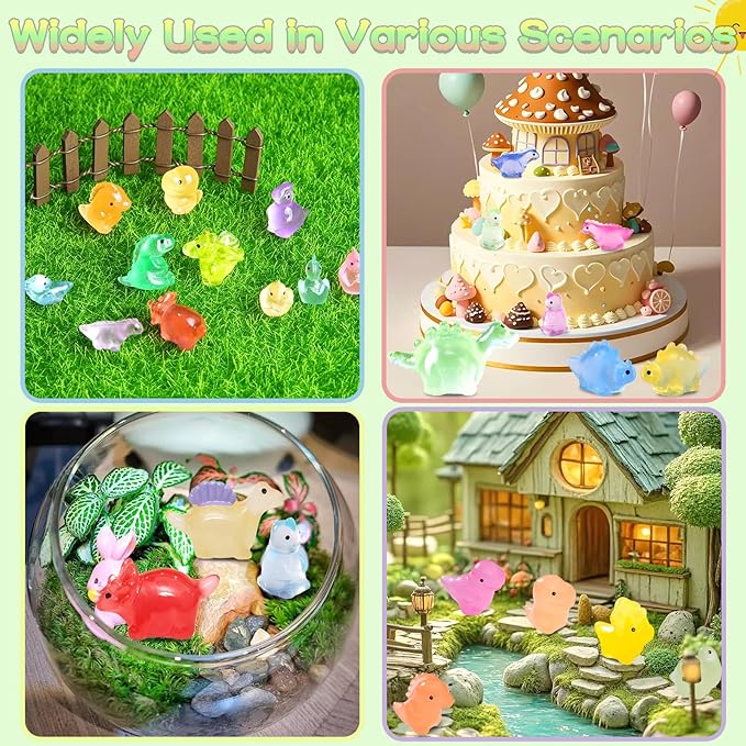 100PCS Luminous Mini Resin Dinosaur Glow in The Dark, 28 Styles Tiny Animals for Hide Garden Micro Landscape Dollhouse Decor Craft-VerdiqueGarden