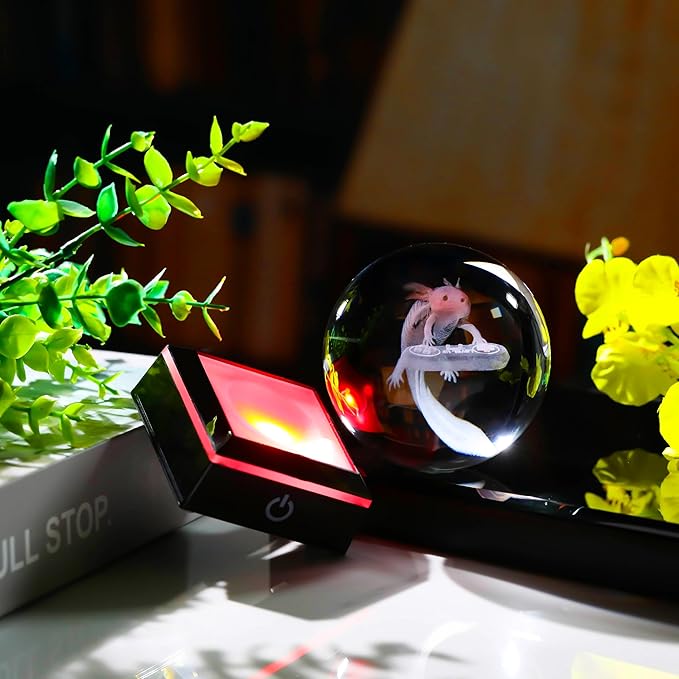 Axolotl Glass Animals Gamer Room Decor - 3D Crystal Ball Night Light Statue, 3.15'' Gamer Gifts for Kids-VerdiqueGarden