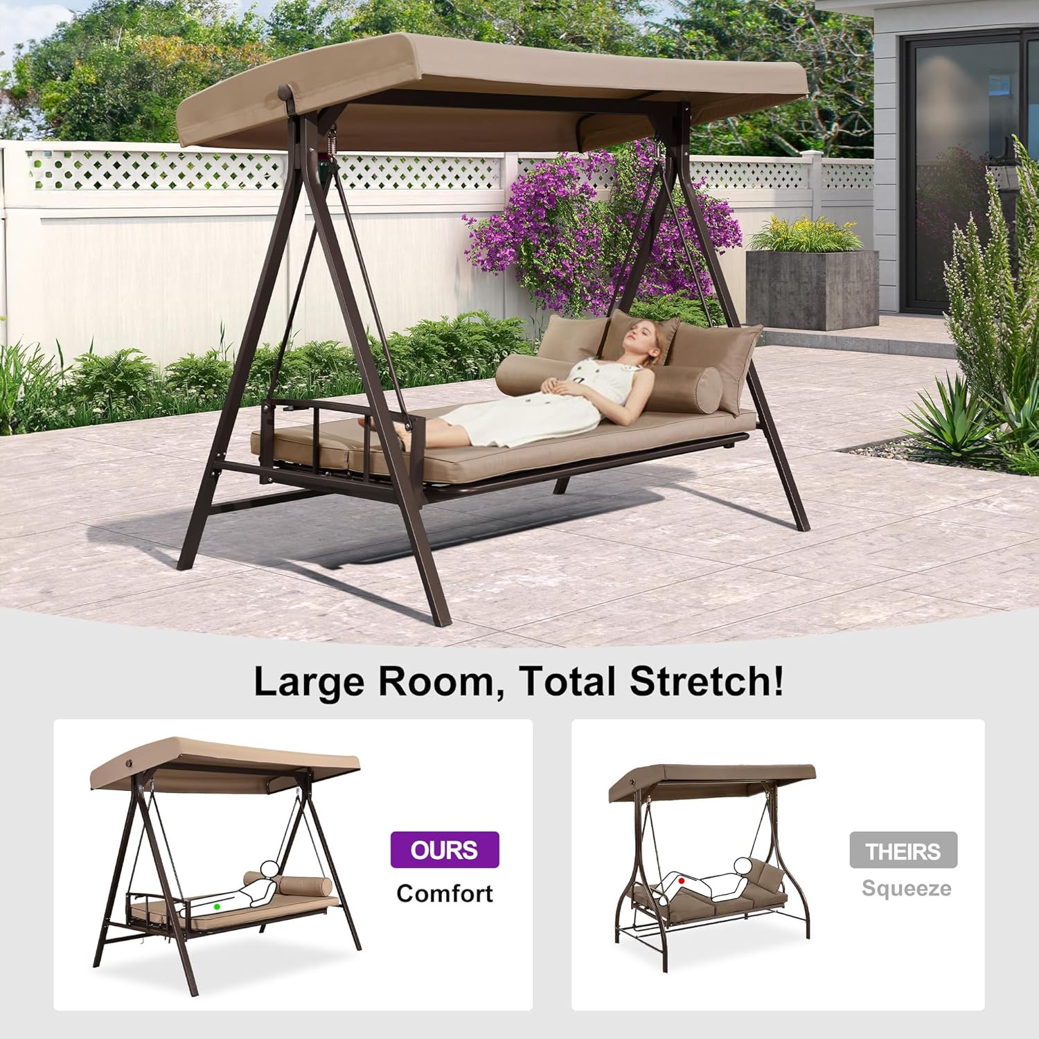 PURPLE LEAF Outdoor Patio Porch Swing Adjustable Backrest, 3-seat Swing Chair with Weather Resistant Steel Frame for Backyard Front Porch Lawn, Cushion and Pillows Included, Beige-VerdiqueGarden