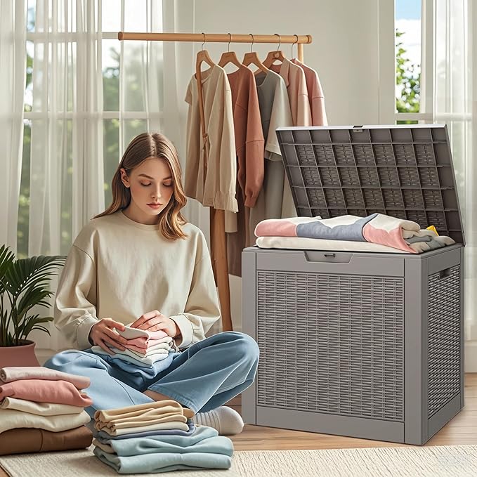 NUNU LAB 30 Gallon Waterproof Resin Deck Box, Lockable Outdoor & Indoor Storage Bench for Patio Cushions, Garden Tools, Pool Accessories & Package Deliveries – Grey-VerdiqueGarden