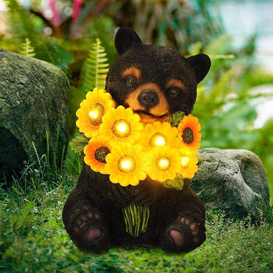 ILLUMINEW Solar Garden Lights Outdoor Statues Black Bear with Sunflowers, Sculpture Decor Mother Gifts for Women, Men or Daughter, Unique Garden Statues for Housewarming Gifts-VerdiqueGarden