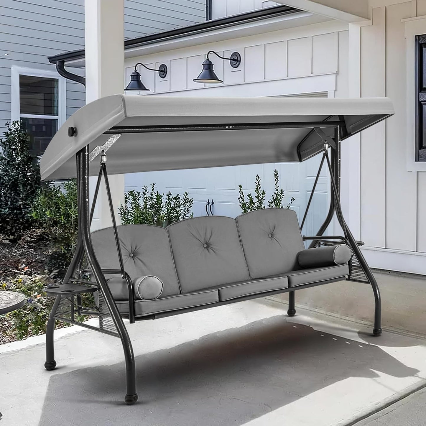 HOMREST 3 Seat Outdoor Porch Swing with 1.5" Deep Cup Holder, Adjustable Canopy,Patio Swing Bed with Stand, Patio Glider Swing with Thicken Cushions, Pillow（Grey）-VerdiqueGarden