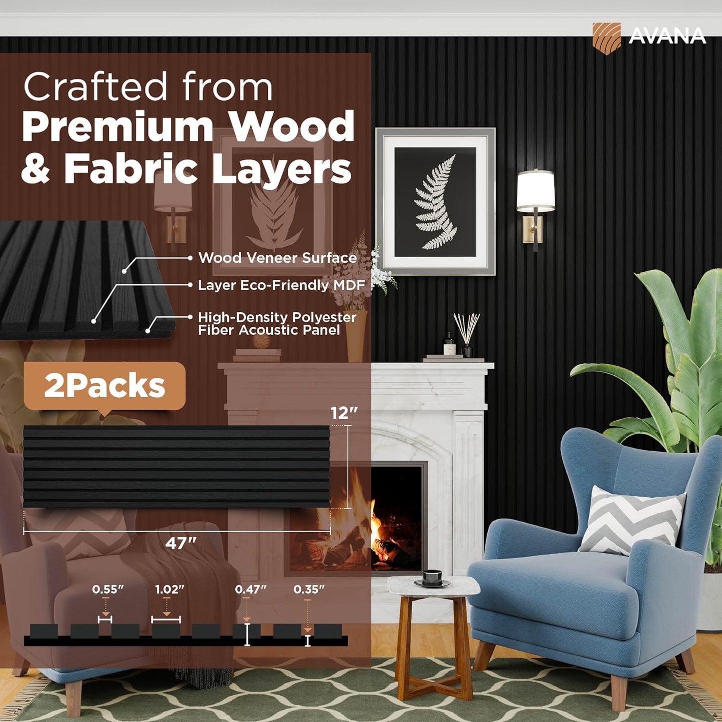 Avana Modern Acoustic Wood Wall Panels – 47.2 X 12.6 Inch Black Oak Acoustic 2 PCs – Wall Panels For Interior Wall Decor For Homes, Offices, Studios – Sturdy And Durable Wood Panels For Wall-VerdiqueGarden