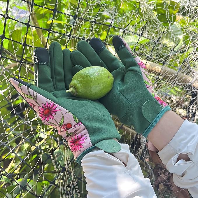 Gardening Gloves for Women, Garden Gloves with Touch Screen, Thorn Proof Puncture Resistant Working Gloves, Gardening Gifts for Women (Green with Pink Flowers, Medium)-VerdiqueGarden