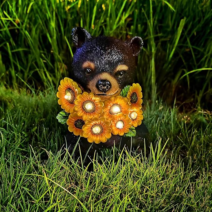 ILLUMINEW Solar Garden Lights Outdoor Statues Black Bear with Sunflowers, Sculpture Decor Mother Gifts for Women, Men or Daughter, Unique Garden Statues for Housewarming Gifts-VerdiqueGarden