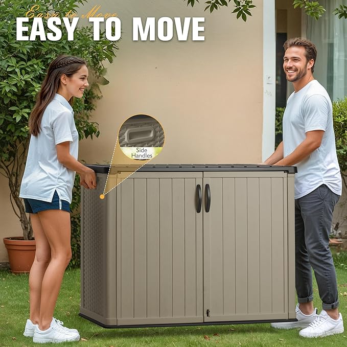 Greesum Outdoor Horizontal Storage Sheds 27 Cu.ft Resin Large Storaged Box Weather Resistance, Without Shelf, Easy to Assemble, Prefect for Garden, Patios, Backyards, Beige-VerdiqueGarden