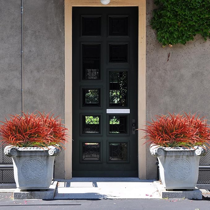 Uieke 12 Bundles Artificial Outdoor Plants UV Resistant Fake Grass Plants Faux Plastic Plants Greenery Shrubs for Home Garden Pathway Window Box Front Porch Cemetery Fall Decor, Autumn Red-VerdiqueGarden