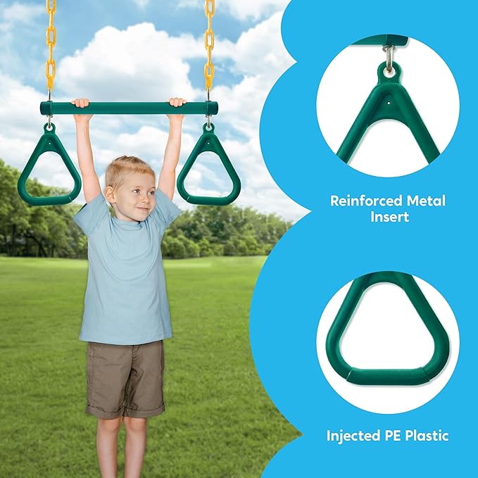 TURFEE 3 Pack Assorted Swing Set, Including 1 Gym Rings Trapeze Bar and 2 Pcs Swings with Plastic Coated Chain, Swingset Accessories Replacement for Kids Outdoor Play, Playground- Green-VerdiqueGarden