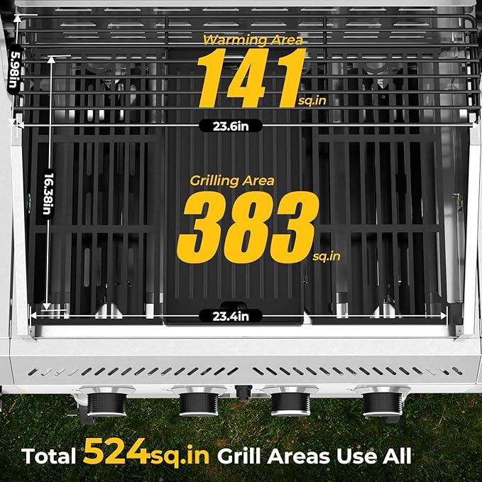 R.W.FLAME 4-Burner Gas Grill with Side Burner, Stainless Steel Propane Grill 42000BTU for Outdoor Cooking, with Porcelain-Enameled Cast Iron Grates, Baking Pan, Silver-VerdiqueGarden