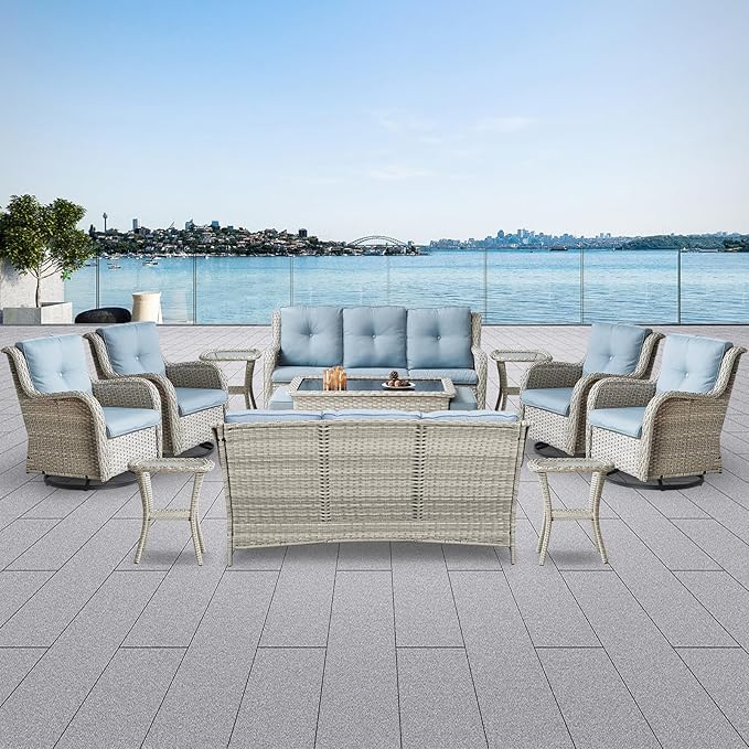 Wicker Patio Furniture Sets - 13 Piece Outdoor Rattan Furniture Conversation Sets with 4 Swivel Rocker Chairs, 2 Rattan Sofas, Wicker Ottomans and Coffee Table, Light Grey/Baby Blue-VerdiqueGarden