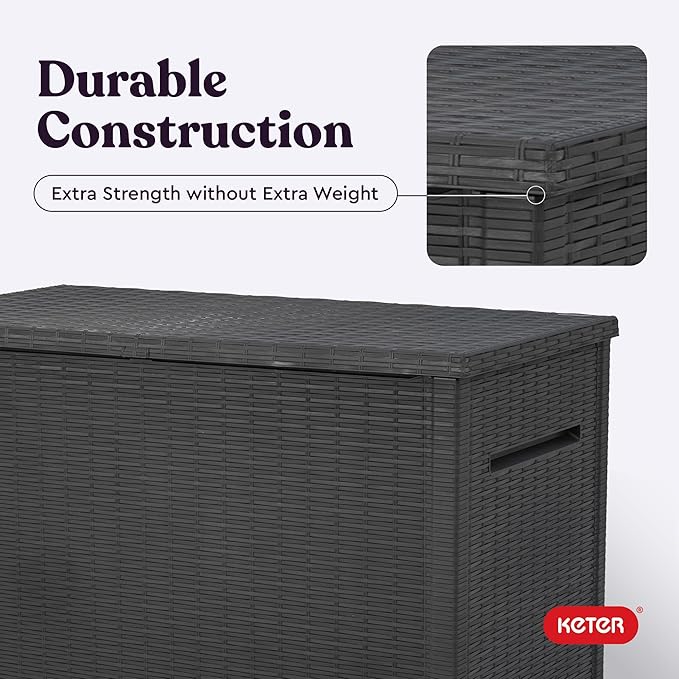 Keter Java XXL 230 Gallon Resin Rattan Look Large Outdoor Storage Deck Box for Patio Furniture Cushions, Pool Toys, and Garden Tools, Dark Grey-VerdiqueGarden