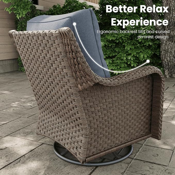 3 Pieces Outdoor Patio Furniture Sets with Rocking Swivel Chairs with 6-inch Thick Cushion and Side Table for Deck Lawn-VerdiqueGarden