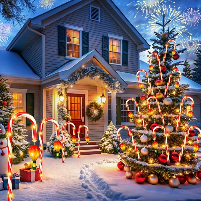 12 Pack Outdoor Solar Christmas Decorations, 180 Bright LED Solar Candy Cane Christmas Lights 8 Lighting Modes, Waterproof Outside Xmas Decorations with Lantern Decor Lights for Pathway Yard Garden-VerdiqueGarden
