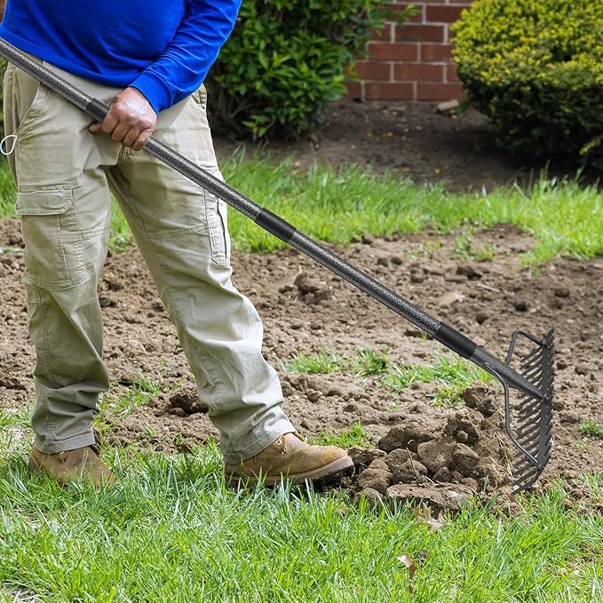 49'' Bow Rake ，17 Tines Metal Head Rakes with Stainless Steel Handle，Heavy Duty Garden Rake for Loosening Soil Gathering Leaf Leveling Lawn Farming Land Management Yarn Thatch Rake-VerdiqueGarden