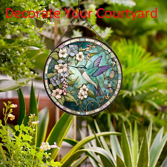 Hummingbirds and Flowers Pattern Stained Glass Suncatchers for Windows,Hanging Stained Glass Suncatcher,20cm/7.87inch Hand-Painted Sun Catcher Garden Painted Glass Panel Decor Themed Gift-VerdiqueGarden