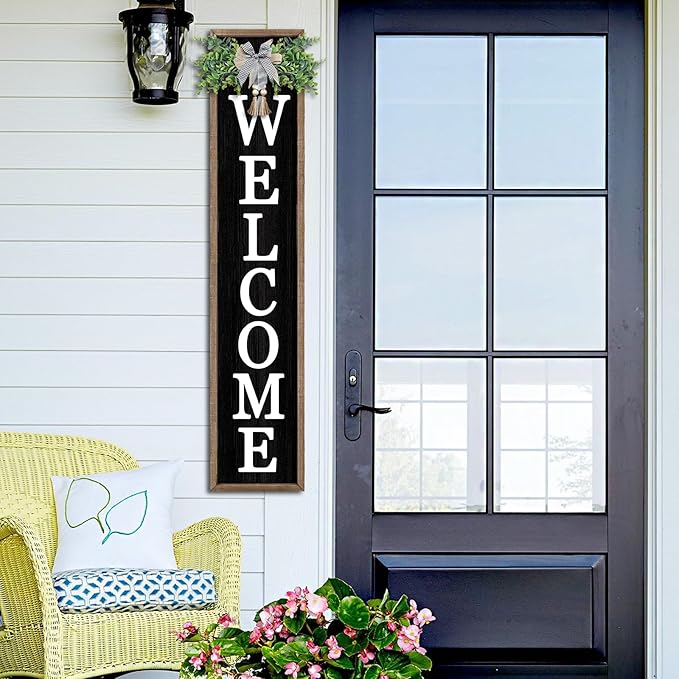Surfapans Welcome Sign for Front porch Standing 45"X9"Large Wood Frame Outdoor Tall Welcome Signs Vertical Decor for Farmhouse Rustic Home Modern Outside Front Door Wall Decorations (Wood Black)-VerdiqueGarden