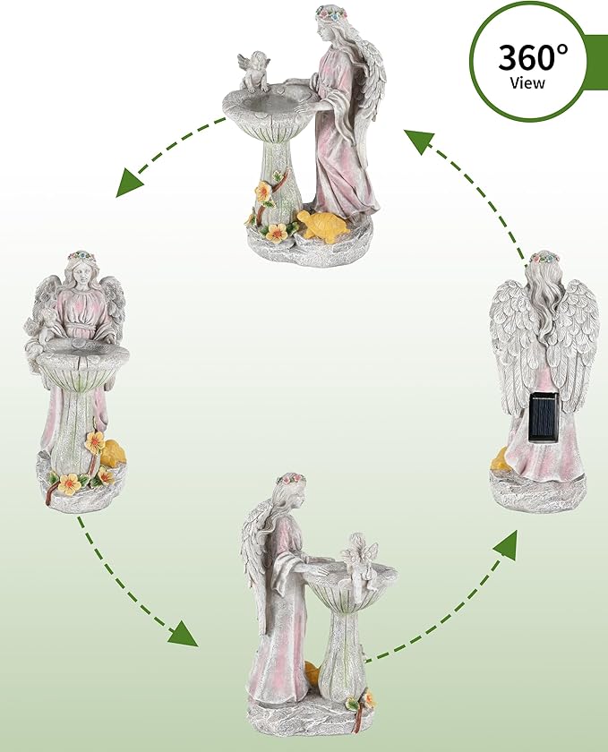 iStatue Solar Angel with Mushroom Bird Bath Statue - 9.5'' Garden Decor for Outside Clearance, Color-Changing Lights Lawn Ornaments Baby Turtle Figurine for Yard Patio Balcony (Angel)-VerdiqueGarden