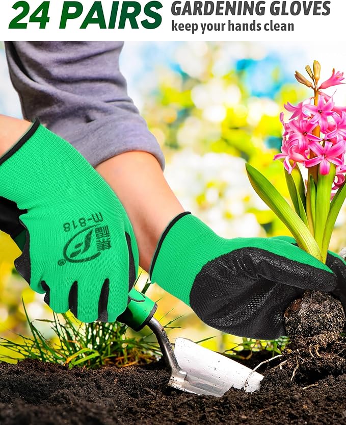 Nuogo 24 Pairs Gardening Gloves for Men Women Rubber Coated Landscaping Work Gloves Safety Work Construction-VerdiqueGarden