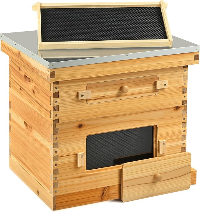 CREWORKS 10 Frame Bee Hive, 2 Layers Beeswax Coated Beehive Starter Kit with Frames & Foundations, Langstroth Bees Hives Box with Transparent Acrylic (Window Medium Box & Deep Box)-VerdiqueGarden
