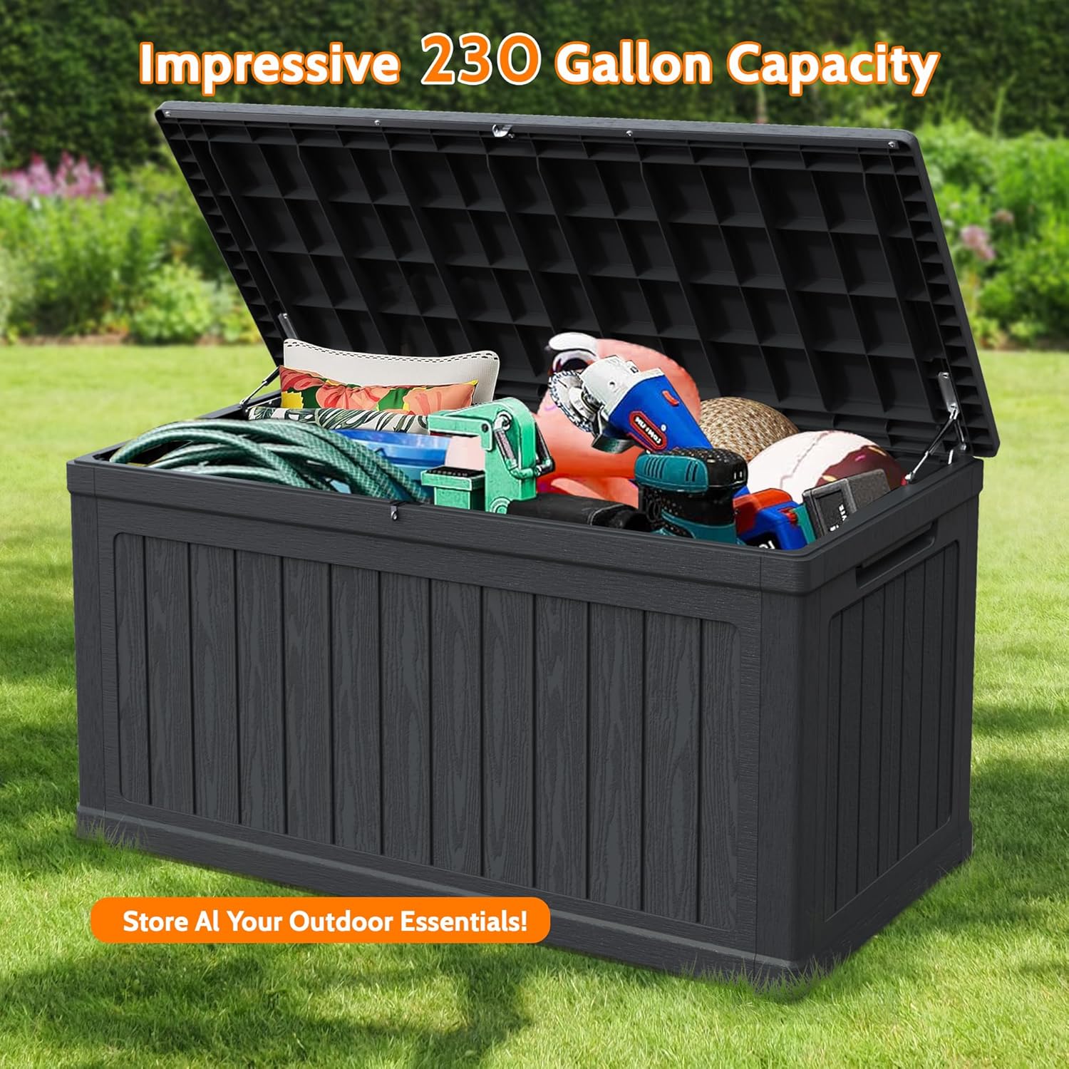 260 Gallon Double-Wall Resin Deck Box - Lockable Waterproof Outdoor Storage Box, 1000lbs Capacity & Doubles as Seating for Patio Furniture - Garden Tools, Pool Accessories (Black)-VerdiqueGarden