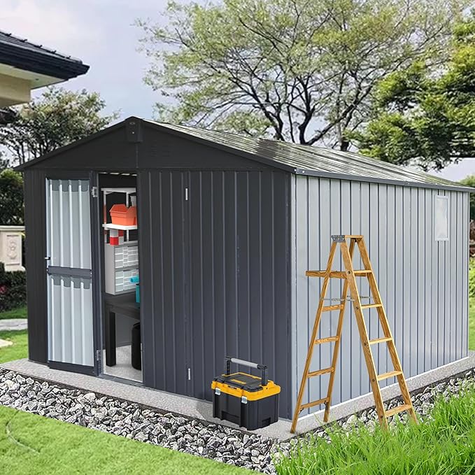 Domi Backyard Storage Shed 11’ x 12.5’ with Galvanized Steel Frame & Windows, Outdoor Garden Shed Metal Utility Tool Storage Room with Lockable Door for Patio(Dark Gray)-VerdiqueGarden