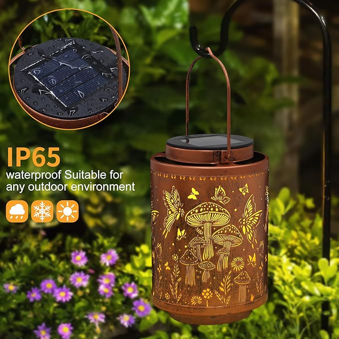 2 Pack Solar Lanterns Outdoor Waterproof Butterfly Garden Decor Gifts for Women Mon Grandma Metal Hanging Solar Lights Decoration for Outside LED Lanterns for Yard Patio Lawn(Mushroom)-VerdiqueGarden