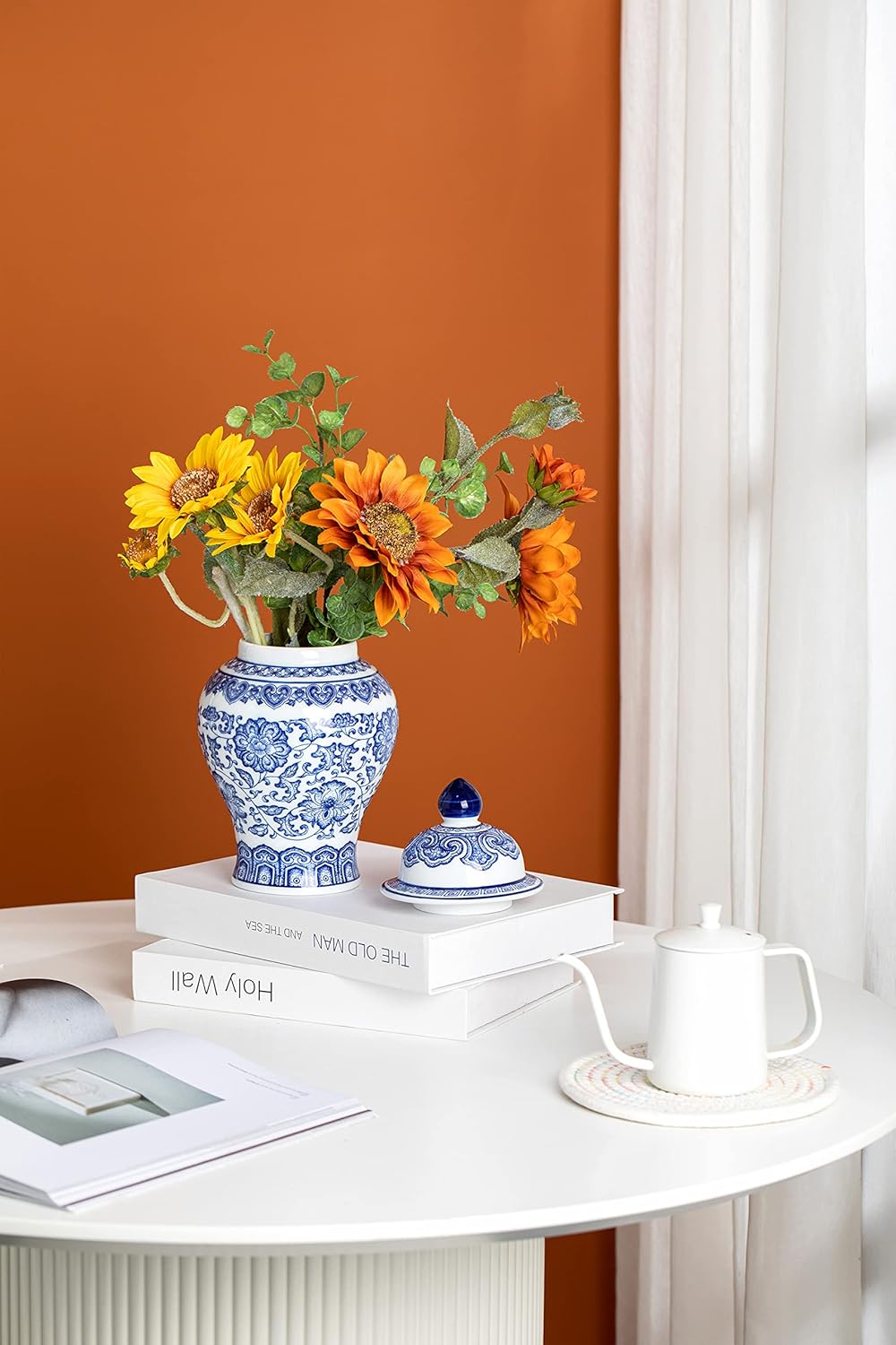 Blue and White Ginger Jar, Ceramic Chinoiserie Decorative Jars for Home, Office, Flower Vase Pocelain, Glossy Vase for Table, Living Room, Bookshelf, Mantle Fireplace, Centerpieces, 9.8"H-VerdiqueGarden