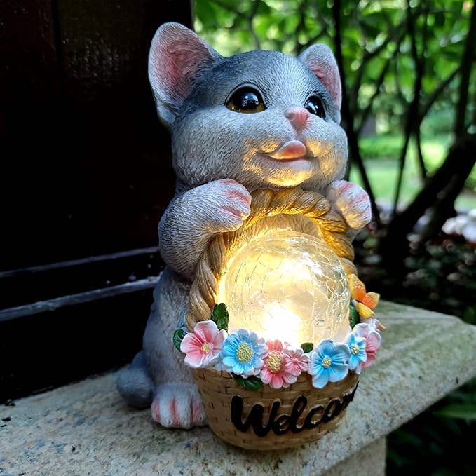 Solar Cat Garden Outdoor Statues,Resin Cat Figurine Carrying Flower Basket and Magic Orb with Solar LED Lights, Lawn Decor Outdoor Statue for Patio, Balcony, Yard Ornament,Gifts for Mom-VerdiqueGarden