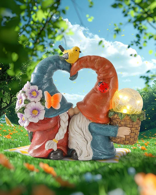 iStatue Solar-Powered 8.3'' Spring Summer Kissing Gnomes Decorations for Home & Garden - Decorative Outdoor Lawn Ornaments and Statues Clearance (Loved Gnomes)-VerdiqueGarden