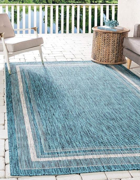 Unique Loom Outdoor Border Collection Area Rug - Soft Border (4' 1" x 6' 1" Rectangle, Teal/ Ivory)-VerdiqueGarden