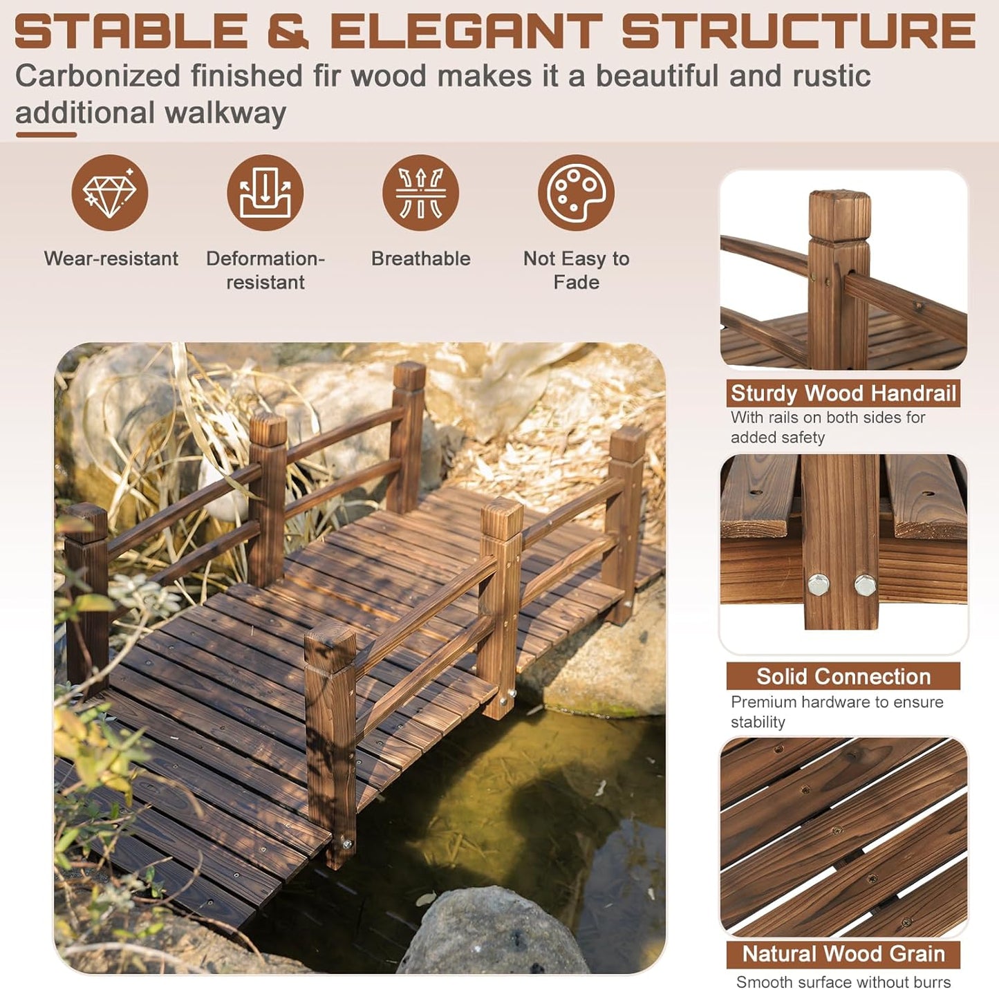 HOMEDIARY Fir Wood Garden Bridge, Outdoor Stained Finish Arc Footbridge Walkway with Double Safety Railings, Decorative Pond Bridge Landscaping for Backyard Farm Garden Creek Pond Decor, Carbonized-VerdiqueGarden