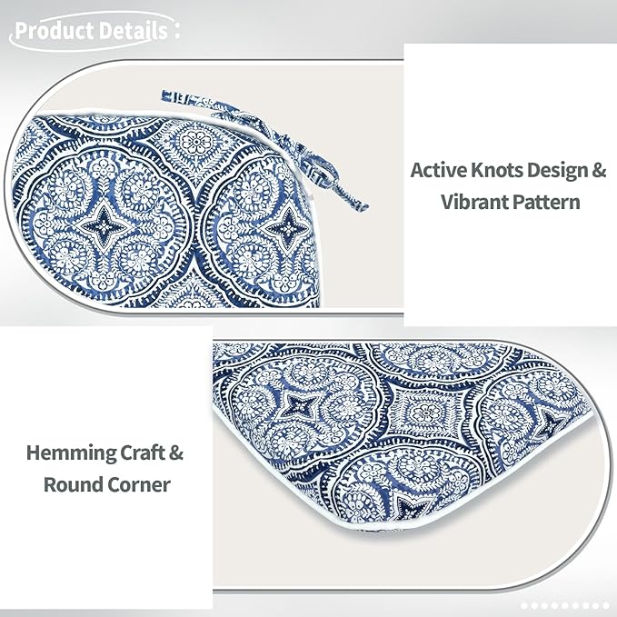 Indoor/Outdoor Chair Cushions 16x17 Inch, Patio Chair Cushions with Ties, All Weather Seat Cushions for Patio Furniture Home Garden Chair Use, Set of 4,Medallion Blue-VerdiqueGarden