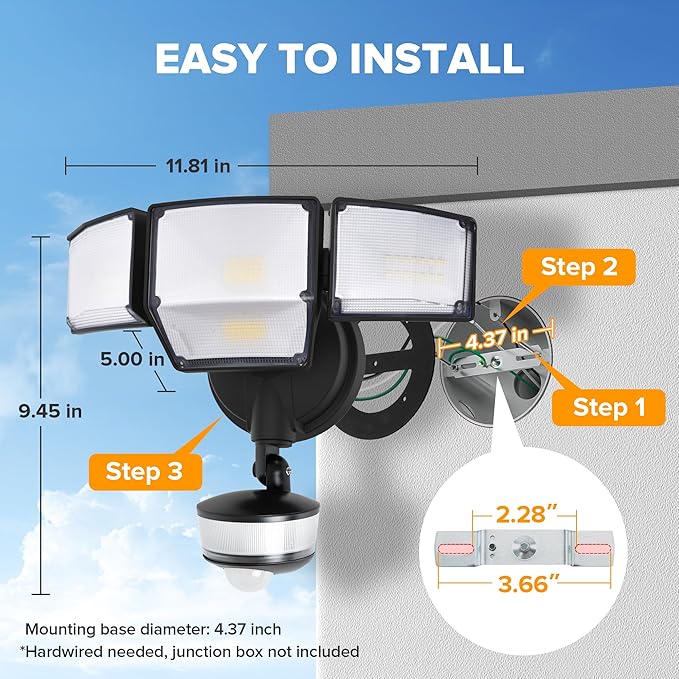 LUTEC 84W 9500LM LED Security Light Motion Sensor Outdoor Lights with Night Light, 4 Head LED Flood Lights Outdoor 5000K Daylight, IP65 Waterproof, Motion Detected Lights for Outside (Black)-VerdiqueGarden