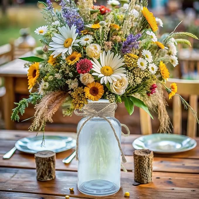 Vintage Glass Flower Vase，6 Pack Blue Farmhouse Glass Centerpiece Vases Mason Jars for Weddings, Parties & Home Decor Bulk (6, Blue)-VerdiqueGarden