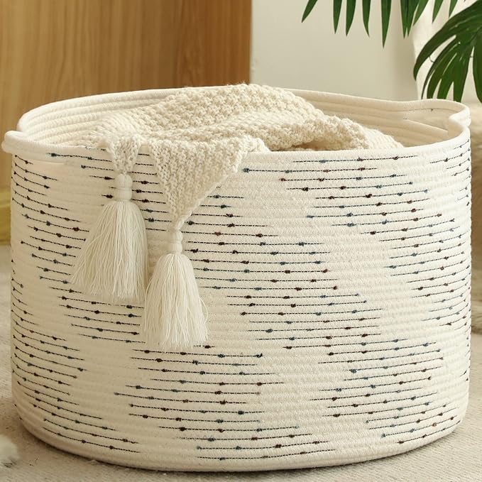 KAKAMAY Large Blanket Basket (20"x13"),Woven Baskets for storage Baby Laundry Hamper，Cotton Rope Blanket Basket for Living Room, Laundry, Nursery, Pillows, Off White with Blue & Brown Dotted Pattern-VerdiqueGarden