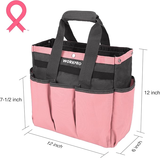 WORKPRO Garden Bag, Garden Tool Tote Storage Bag with 8 Pockets, Home Organizer for Outdoor Gardening Caddy, Garden Tool Kit Holder (Tools NOT Included), Pink Ribbon, Garden Gifts-VerdiqueGarden