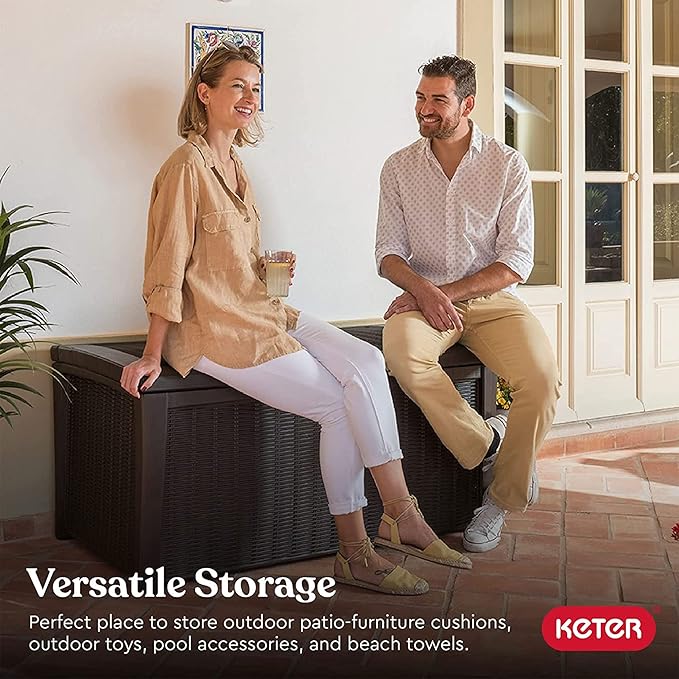 Keter Outdoor Storage Deck Box, for Patio, Backyard & Garden, Borneo, 110 Gallon, Brown - Lockable, Organizing, and Waterproof Plastic Container Bench-VerdiqueGarden