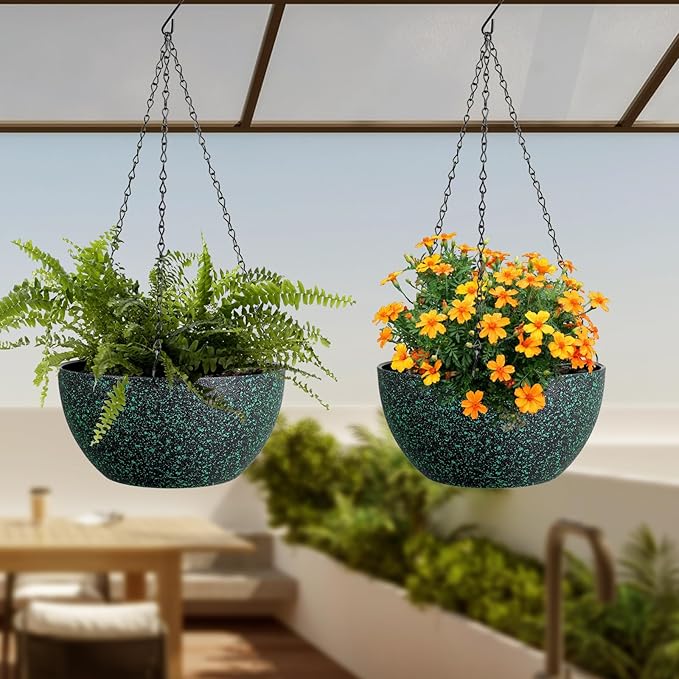 12 inch Large Hanging Planters for Indoor Outdoor Plants, 2 Pack Hanging Flower Pots with Drainage Holes and Chain, Plastic Hanging Baskets for House Plants, Black with Green Speckles-VerdiqueGarden
