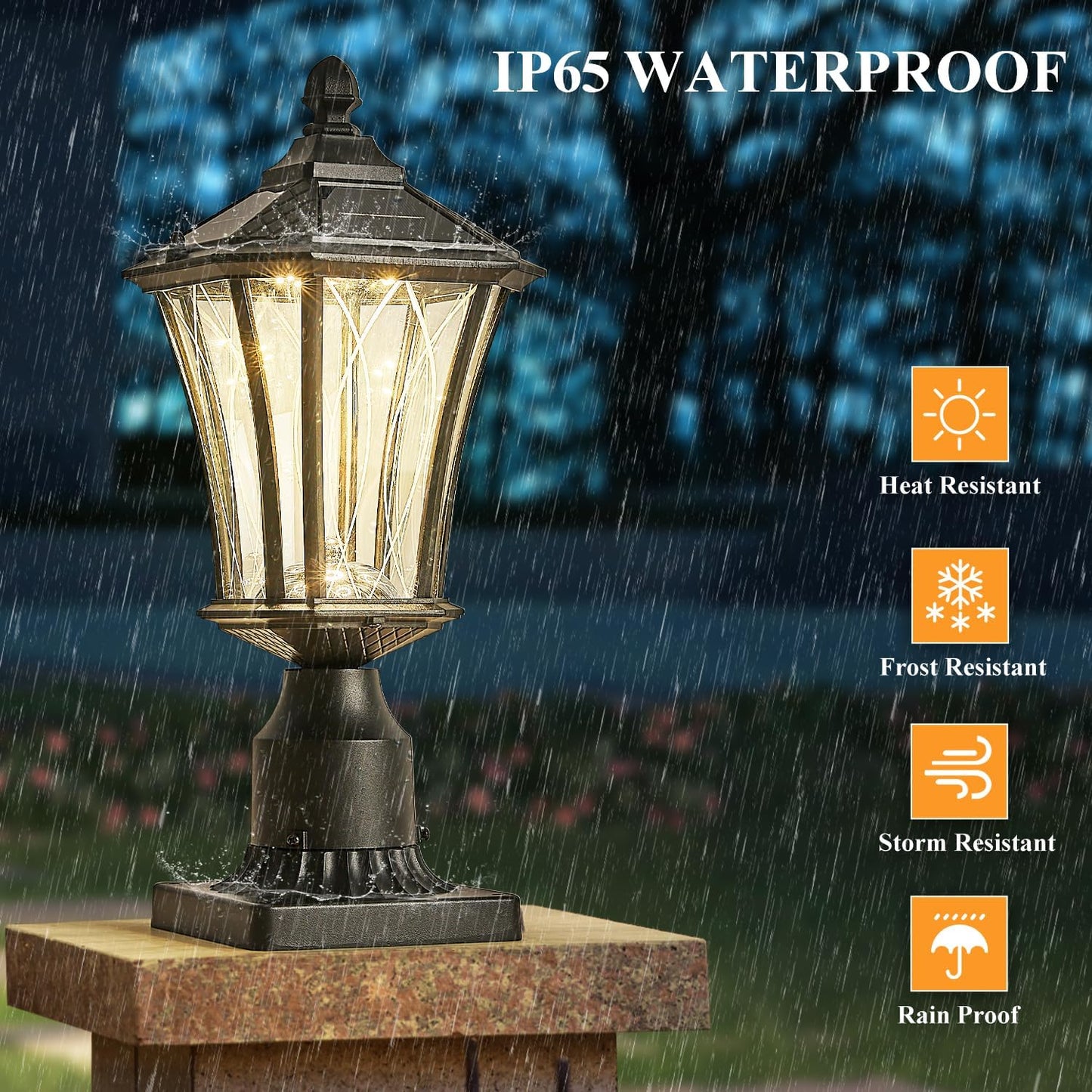 2 Pack Solar Lamp Post Lights with Pier Mount Base, Dusk to Dawn Outdoor Pillar Lights with Patterned Glass, Waterproof Exterior Pole Lamps Head for Driveway, Patio, Garden, Black-VerdiqueGarden