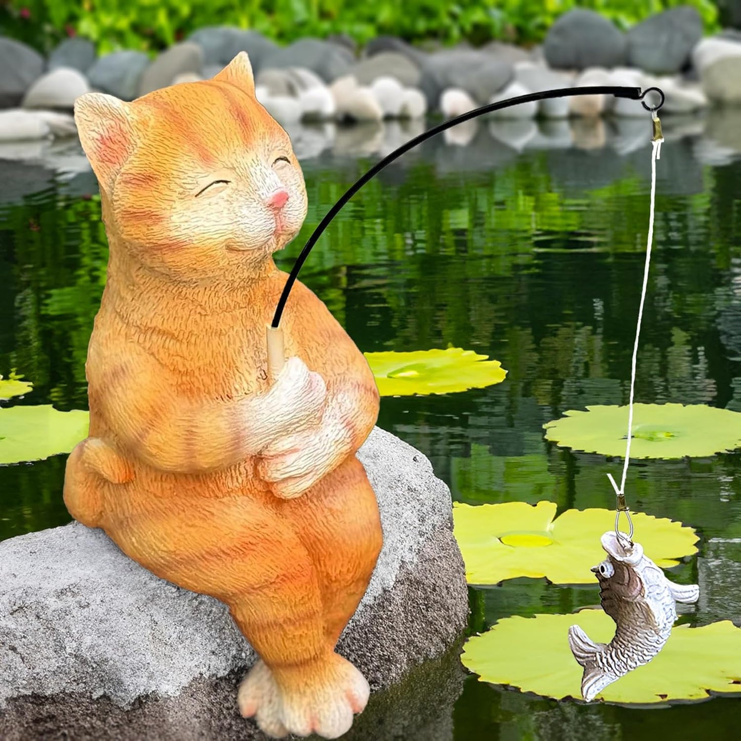 Garden Funny Orange Cat Pond Statue - 11" Cat Fishing Poolside Decor, Animals Outdoor Statue-VerdiqueGarden