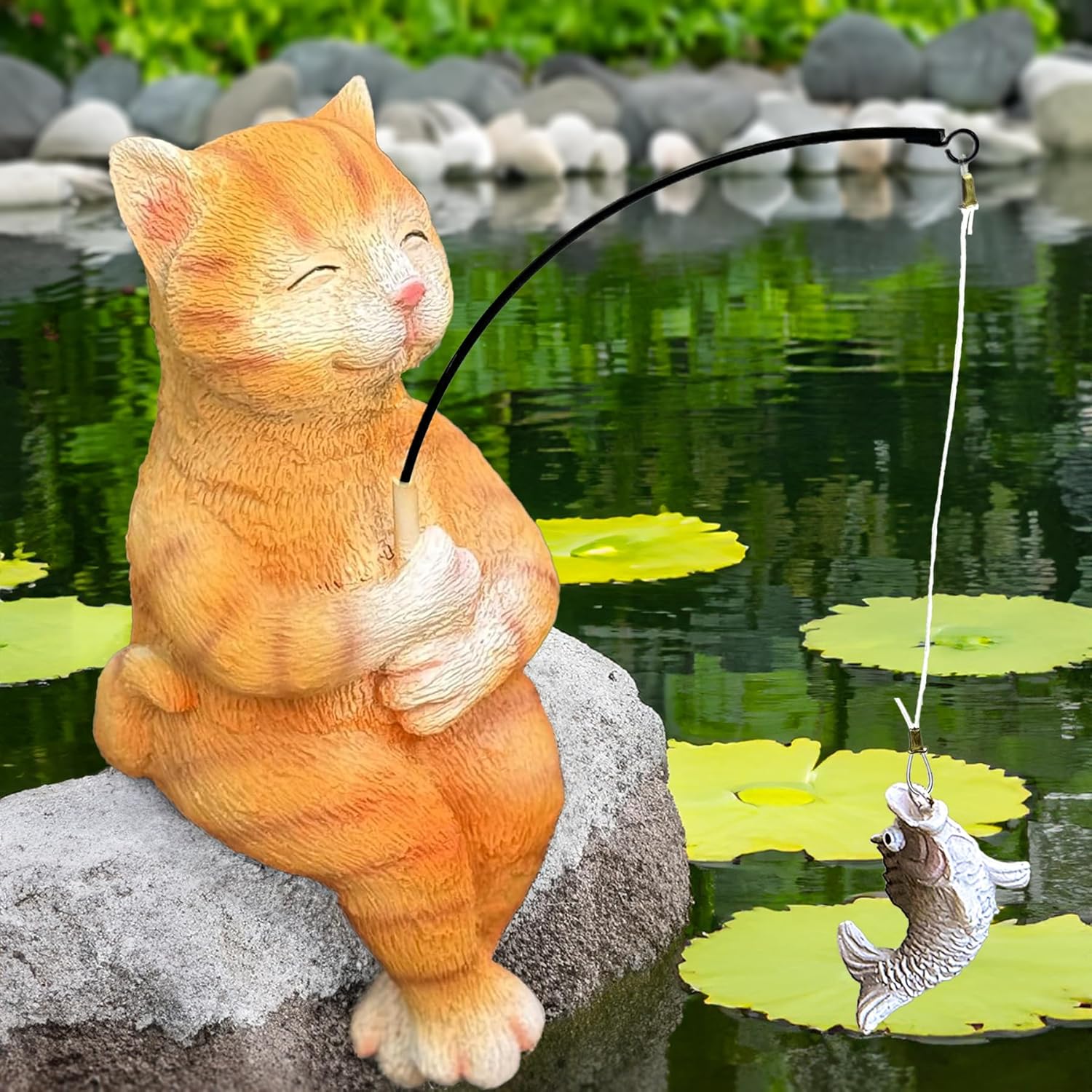Garden Funny Orange Cat Pond Statue - 11" Cat Fishing Poolside Decor, Animals Outdoor Statue-VerdiqueGarden