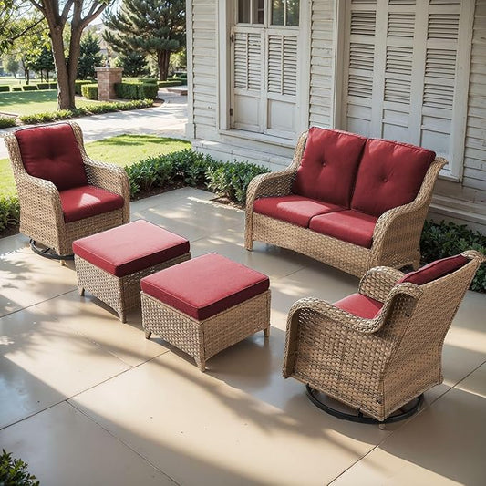 Outdoor Wicker Patio Furniture Set - 5 Piece Rattan Patio Conversation Set with 2 Rocking Swivel Chairs,2 Ottomans and 1 Loveseat for Porch Deck Backyard Garden(Yellow/Red)-VerdiqueGarden