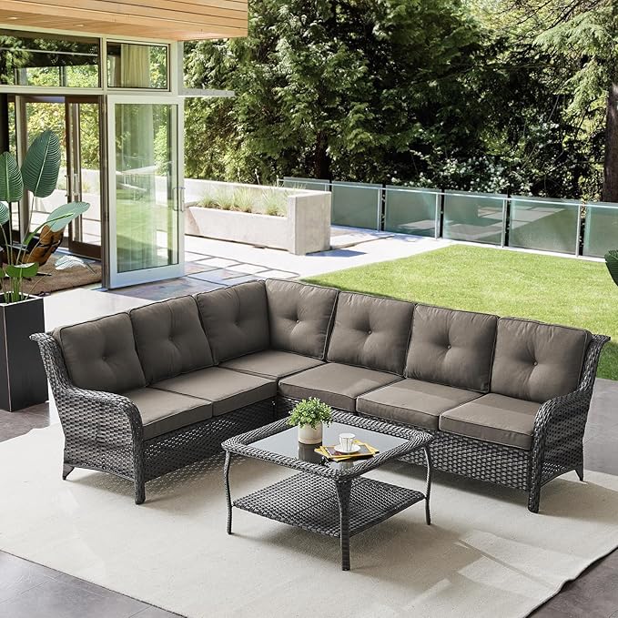 Outdoor Furniture Sectional Sofa L Shaped Couch - Patio Wicker Furniture Set with Coffee Table, 3 Piece Rattan Patio Conversation Sets with Gray Cushion for Deck Backyard Sunroom-VerdiqueGarden