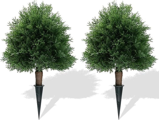20" Artificial Cedar Topiary Ball Trees with Ground Spike, 2 Pack UV Resistant Artificial Shrubs, Fake Evergreen Artificial Plant Brush for Indoor Outdoor Front Porch Garden-VerdiqueGarden