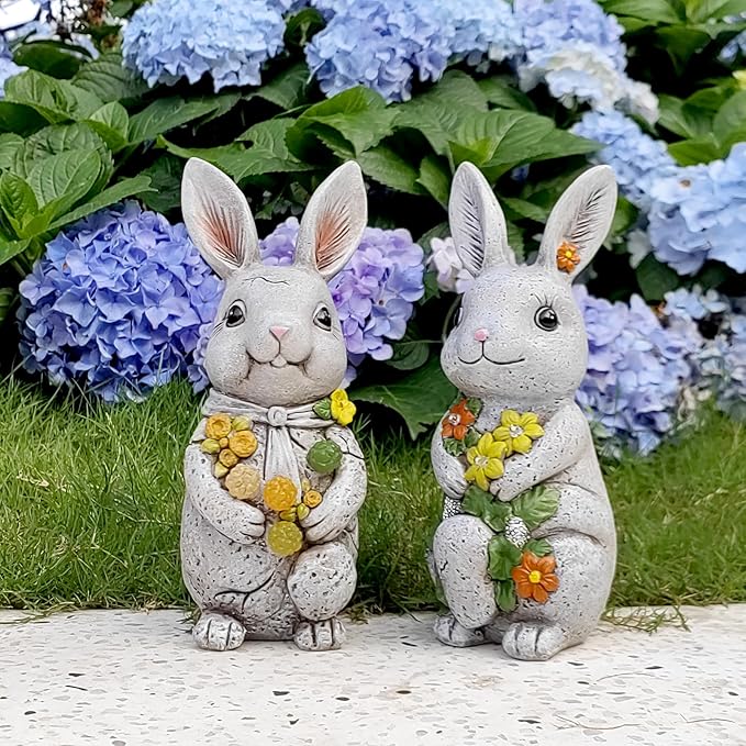 Solar Easter Rabbit Statue - Rock-Like Design with Flower Lamp Beads Woman Gifts Resin Easter Bunny Sculpture for Indoor and Outdoor Statue Decor, Garden Decoration-VerdiqueGarden